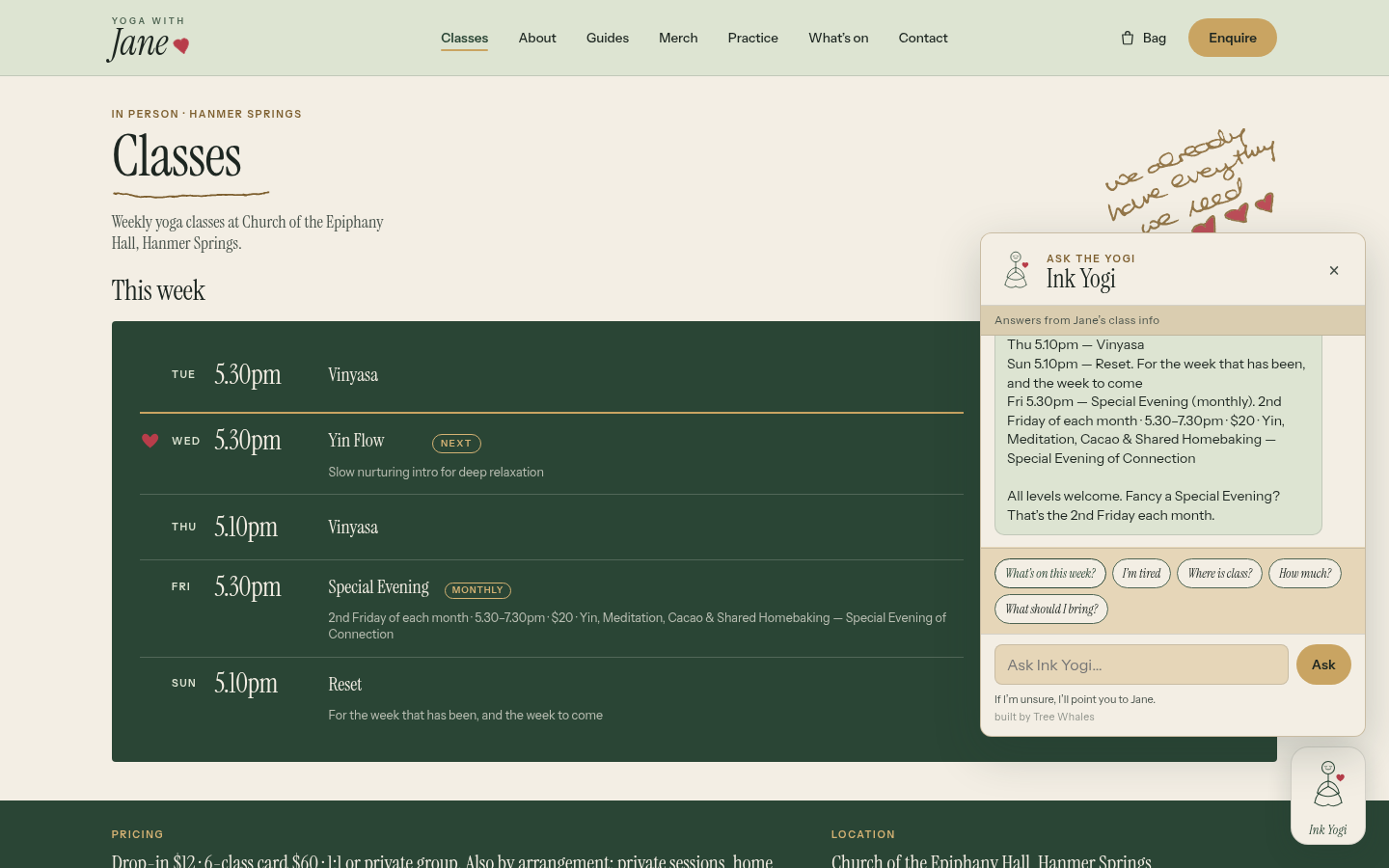 Screenshot of the Ink Yogi helper open on the Classes page of the YogaWithJane preview site, answering what is on this week, with quick questions about where class is, prices and what to bring.
