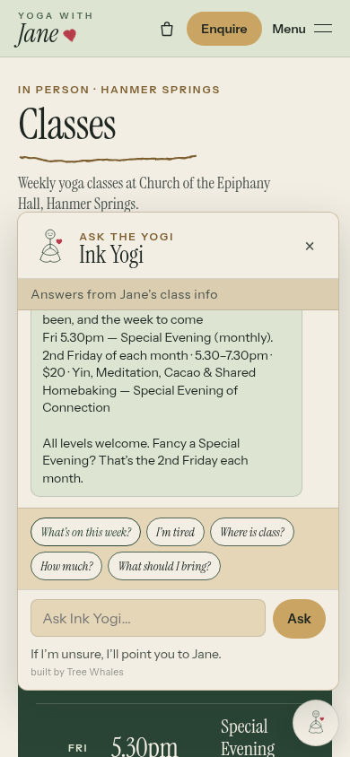 Screenshot of the Ink Yogi helper open on the YogaWithJane preview site at phone width, answering what is on this week.