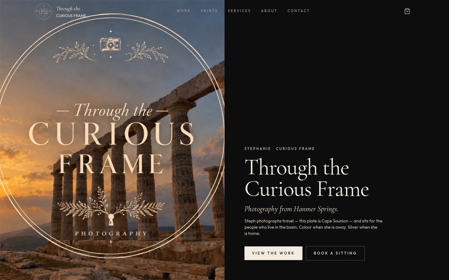 Screenshot of the Through the Curious Frame site at desktop width: a dark page with the Curious Frame logo over a photograph of the Temple of Poseidon at Cape Sounion, and the heading Through the Curious Frame, Photography from Hanmer Springs.