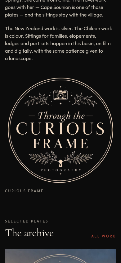 Screenshot of the archive on the Through the Curious Frame site at phone width: a single column of photographs with plate numbers and titles.