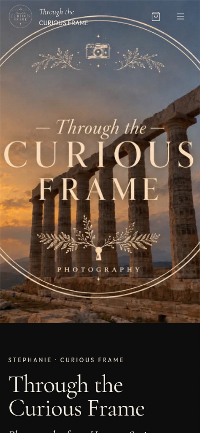 Screenshot of the Through the Curious Frame site at phone width, showing the logo over the Cape Sounion photograph.