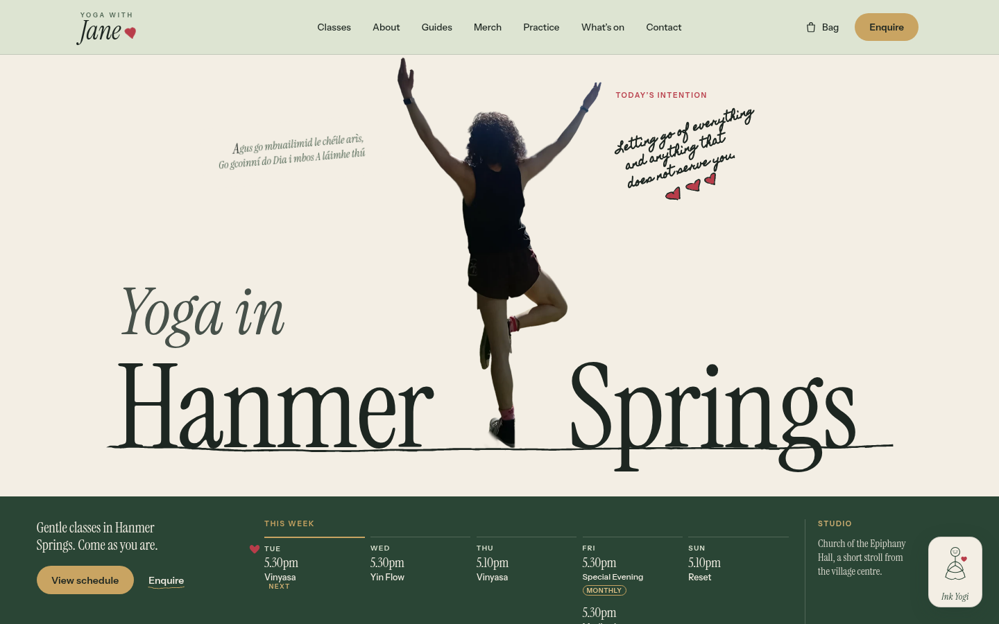 Screenshot of the YogaWithJane home page at desktop width: the heading Yoga in Hanmer Springs in Jane’s lettering, with a person in a tree pose.