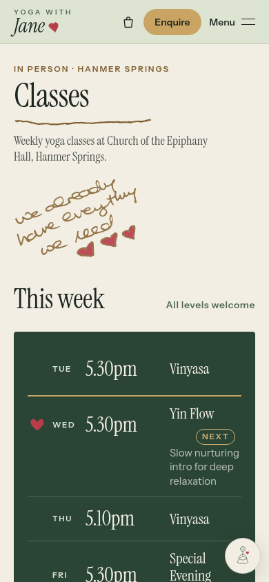 Screenshot of the Classes page of the YogaWithJane preview site at phone width, with this week’s classes on a dark green panel.