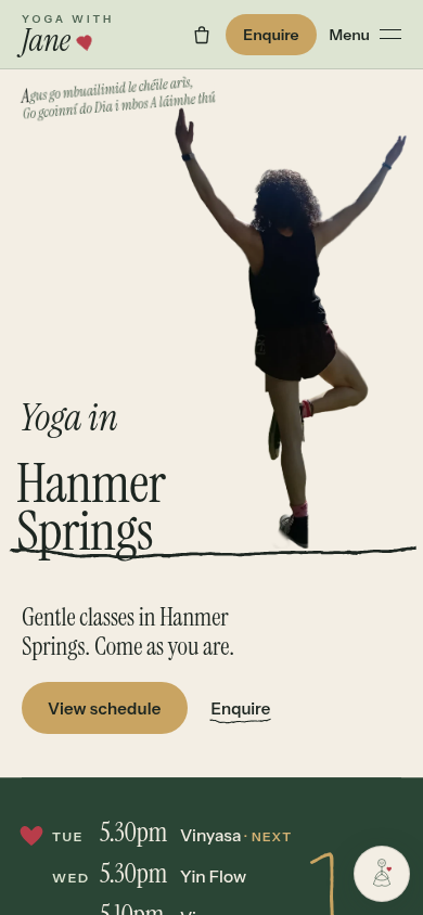 Screenshot of the YogaWithJane home page at phone width, with a person in a tree pose.